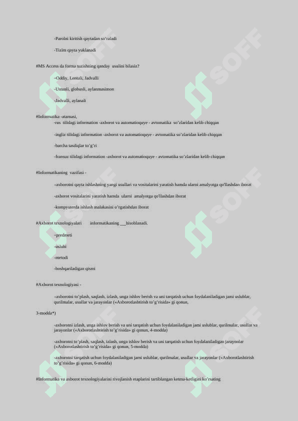 AXBOROT TEXNALOGIYALARI TEST 300  ta javobi bilan 4