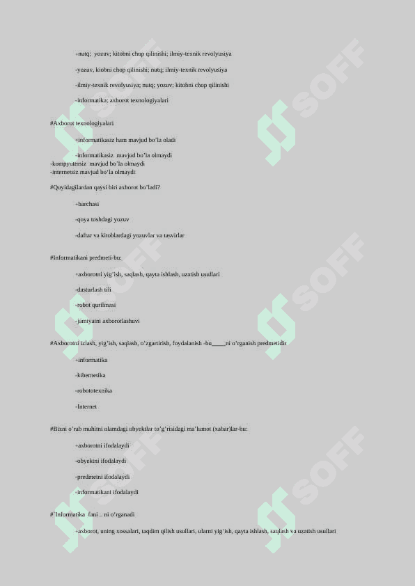 AXBOROT TEXNALOGIYALARI TEST 300  ta javobi bilan 5