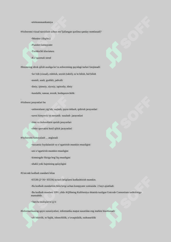 AXBOROT TEXNALOGIYALARI TEST 300  ta javobi bilan 7