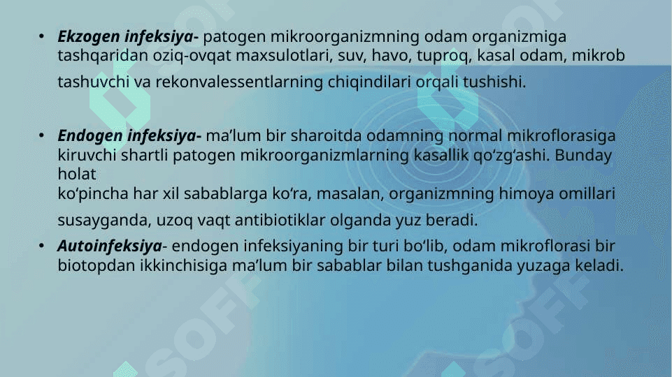 Infeksiya . Mikro va Makroorganizmlar o’zaro ta’siri, shakllari. Yuqumli jarayonlar . Bakteriyalarning patogenlik va virulentlik xususiyatlari. 6