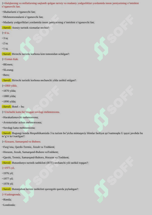 TURIZM YAKUNIY TESTLAR JAVOBLARI BILAN 2