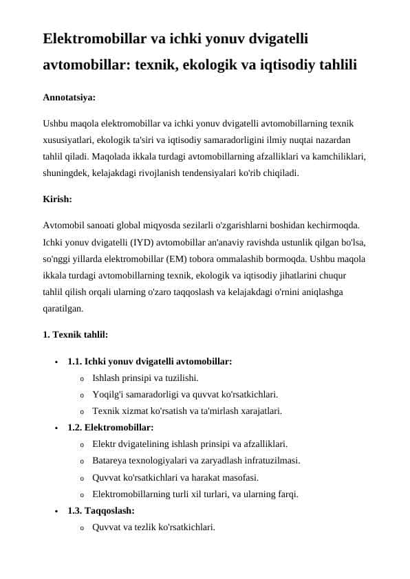 Elektromobillar va ichki yonuv dvigatelli avtomobillar maqola