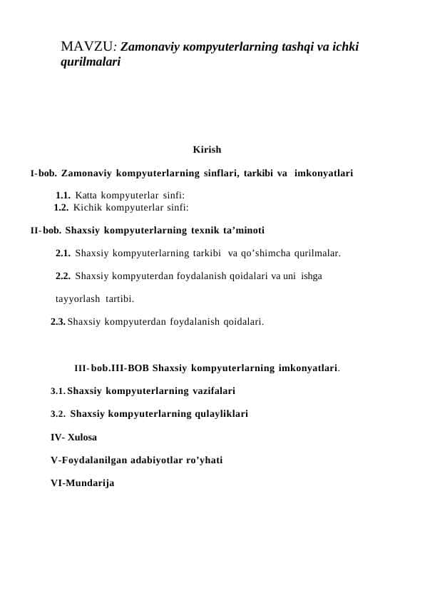Zamonaviy кompyuterlarning tashqi va ichki qurilmalari