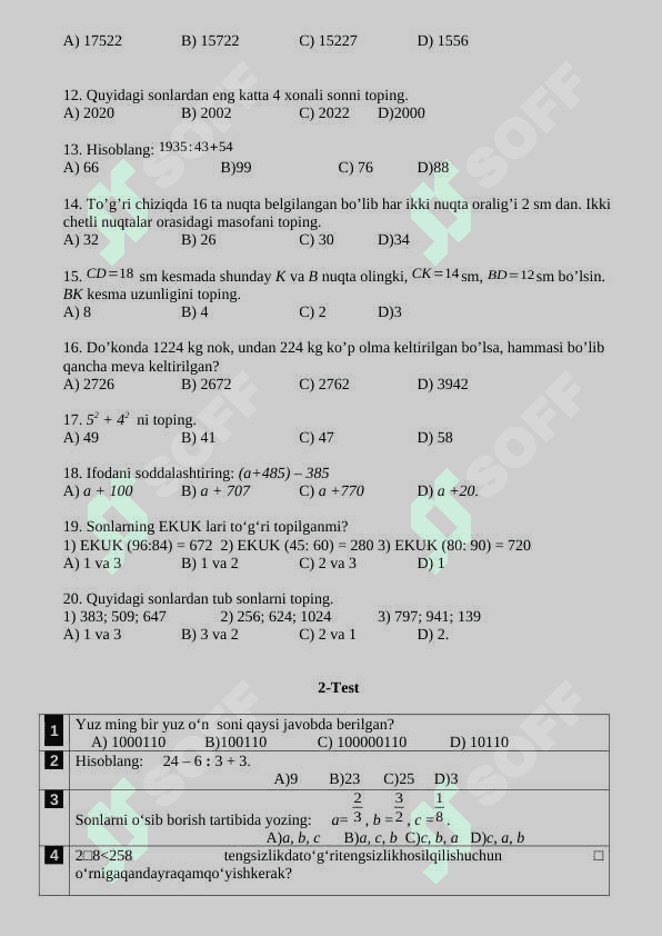 Matematika fanidan testlar 4
