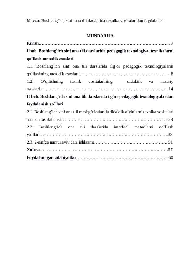 Boshlang‘ich sinf  ona tili darslarida texnika vositalaridan foydalanish