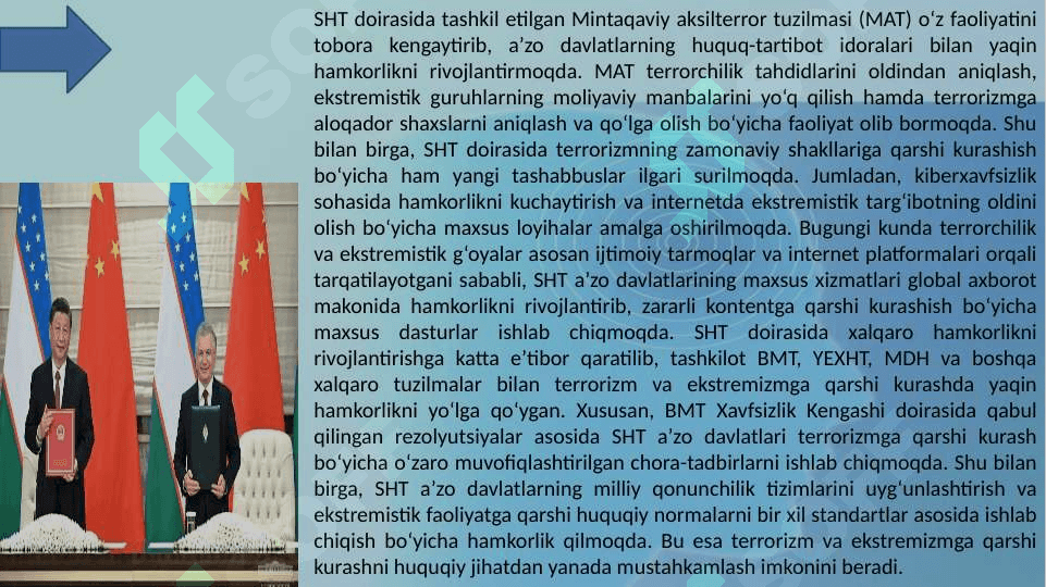 Shanxay hamkorlik tashkiloti tomonidan ekstremizm va terrorizmga qarshi kurash borasida qabul qilingan hujjatlar. 7