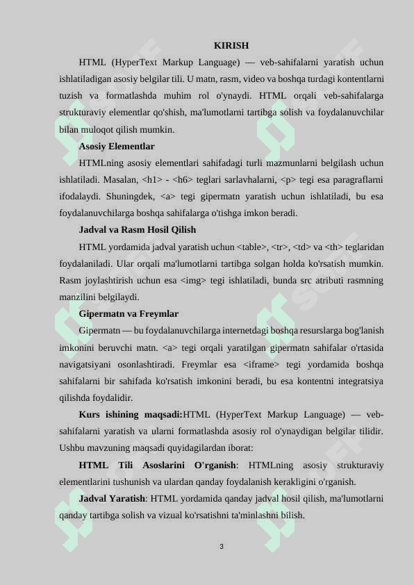 HTML TILI, UNING ASOSIY ELEMENTLARI. JADVAL VA RASM HOSIL QILISH. GIPERMATN VA FREYMLAR JOYLASHTIRISH. 2