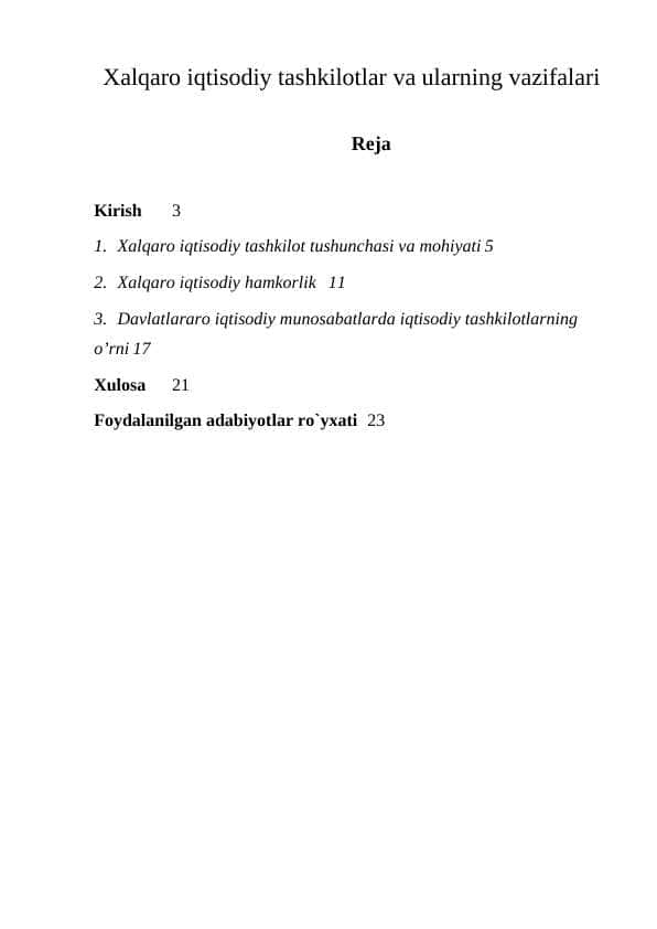 Xalqaro iqtisodiy tashkilotlar va ularning vazifalari