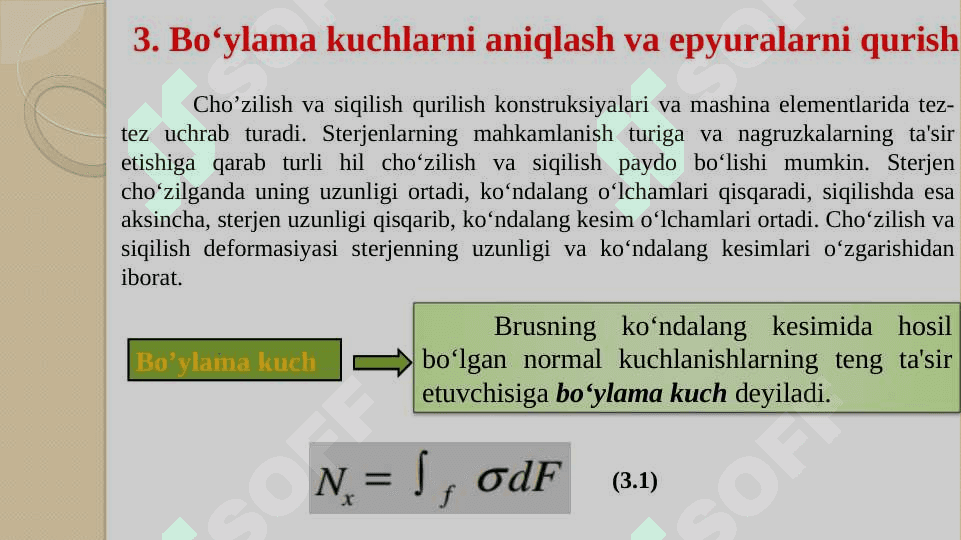 Cho‘zilish va siqilish. Sterjen ko‘ndalang kesimlarida hosil bo‘ladigan ichki zo‘riqish kuchlarini aniqlash. Bo‘ylama kuch va uning epyurasini qurish. 5