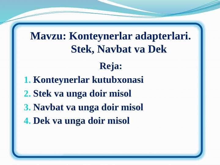 Kontеynеrlar adaptеrlari.      Stek, Navbat va Dek