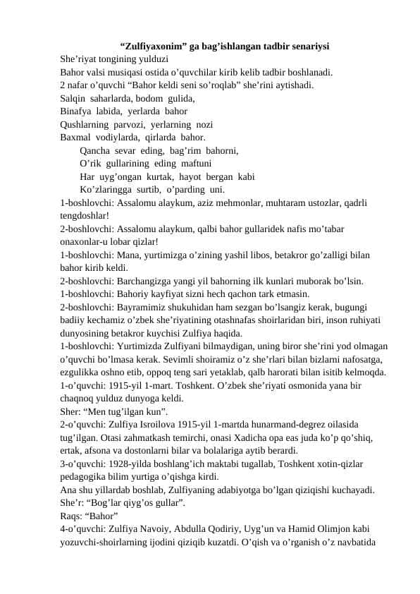 “Zulfiyaxonim” ga bag’ishlangan tadbir senariysi