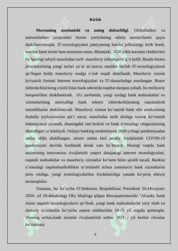 Tijorat banklarida raqamlashtirilgan moliyaviy xizmatlarni rivojlantirish istiqbollari 2