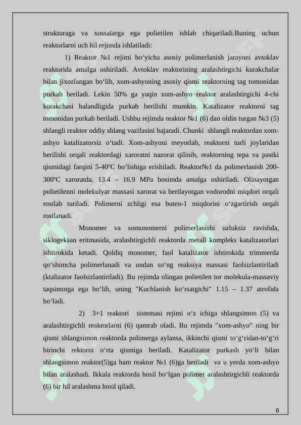Tomchilatib sug‘orishga mо‘ljallangan polietilen asosida shlanglar ishlab chiqarish texnologik liniyasini loyihasi (Q=7900 pmsutka) 6
