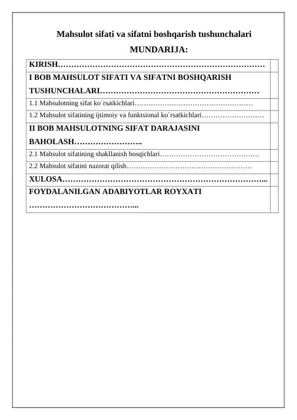 Mahsulot sifati va sifatni boshqarish tushunchalari