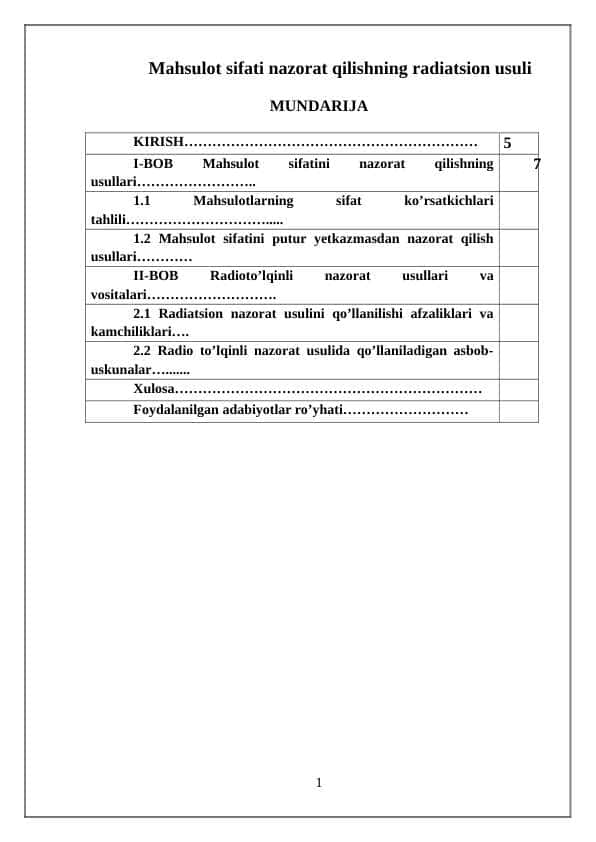 Mahsulot sifati nazorat qilishning radiatsion usuli