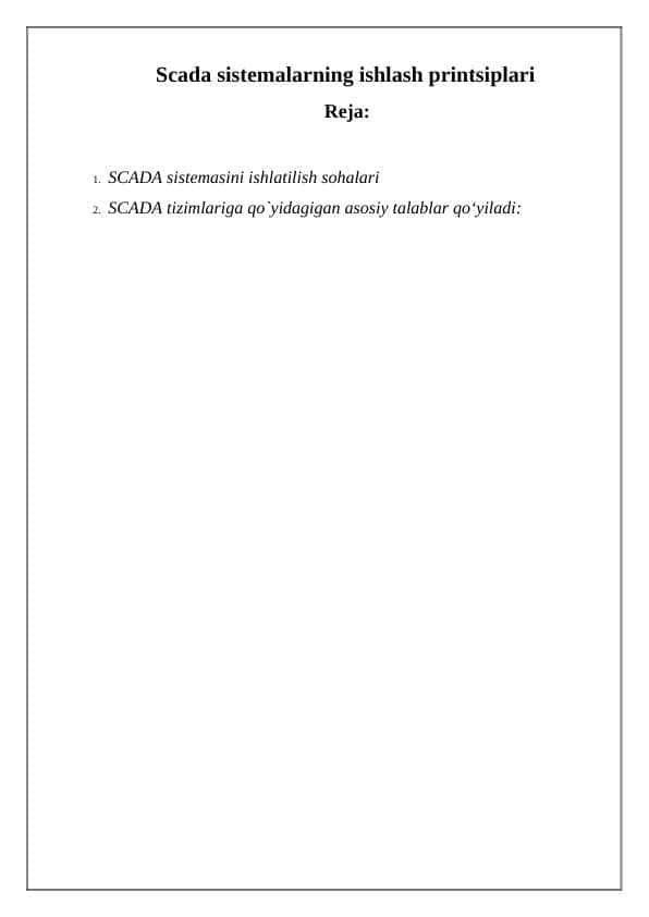Scada sistemalarning ishlash printsiplari