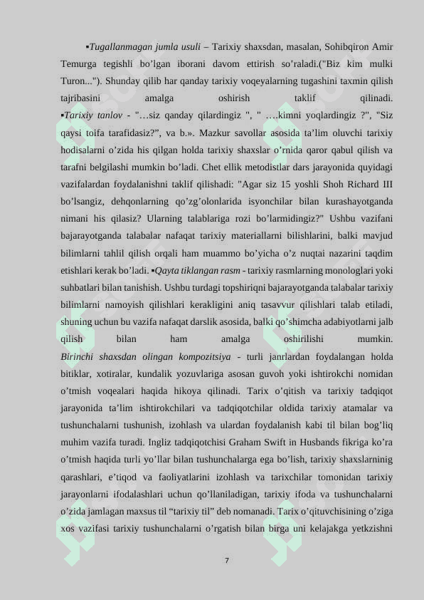 TARIX DARSLARIDA YANGI PEDAGOGIK DARSLARDAN FOYDALANISH 7