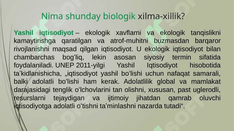 Yashil iqtisodiyot – ekologik xavflarni va ekologik tanqislikni kamaytirishga qaratilgan va atrof-muhitni buzmasdan barqaror rivojlanishni maqsad qilgan iqtisodiyot. U ekologik iqtisodiyot bilan chambarchas bogʻliq, lekin a 2