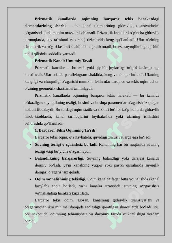 Prizmatik kanallarda oqimning barqaror tekis harakatdagi elementlarining sharhi 2