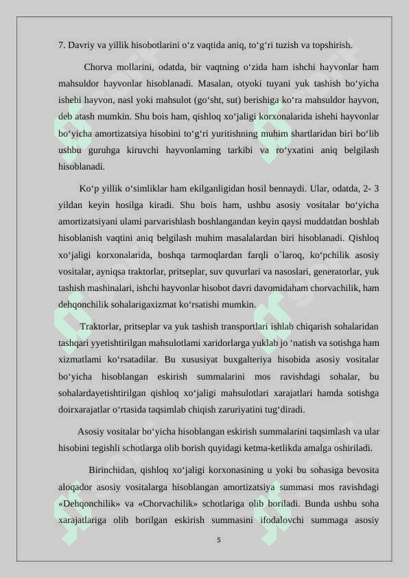 Qishloq xo’jalik korxonalarida asosiy vositalarga eskirish hisoblashning xususiyatlari va hisobi 5