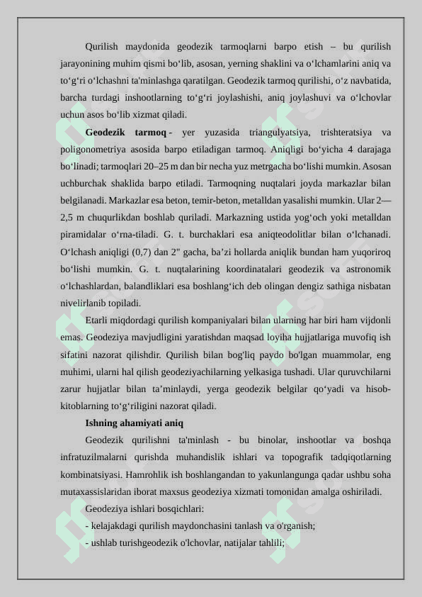 Qurilish maydonida geodezik tarmoqlarni barpo etish 2