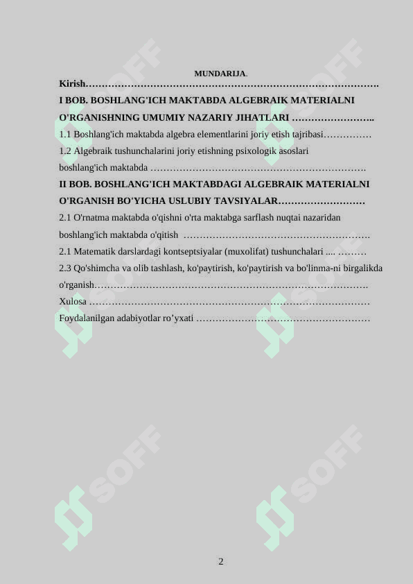 ALGEBRAIK MATERALLARNI O’QITISH METODIKASI 2