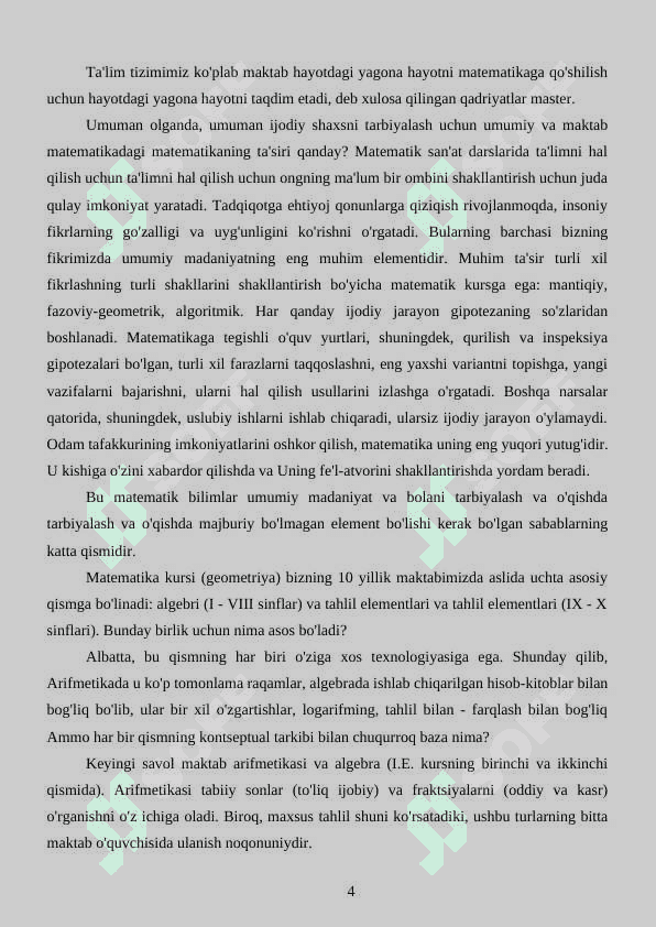ALGEBRAIK MATERALLARNI O’QITISH METODIKASI 4