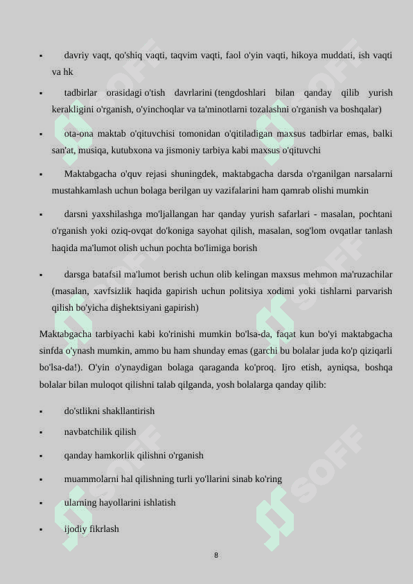 O‘quv dasturi va ularning bajarilish jarayoni 8