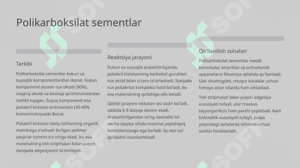 Sement asosli plomba ashyolar. Tarkibi, xususiyatlari. 8
