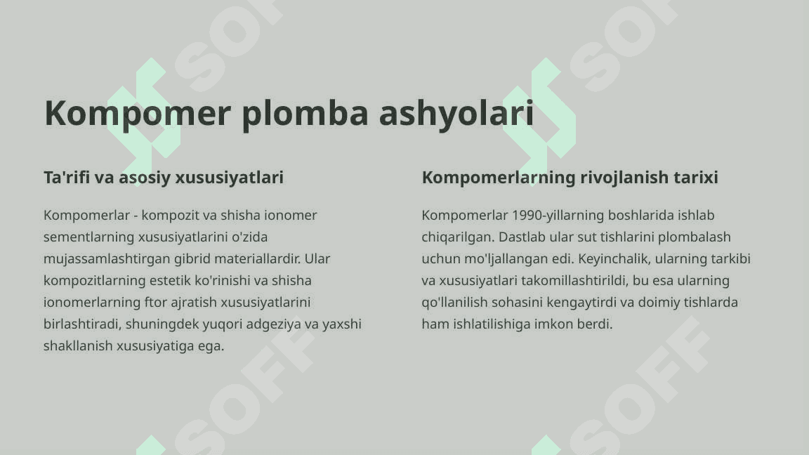 Kompomer va ormoker plomba ashyolari. Tarkibi, xususiyatlari. 3