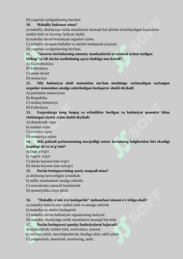 Davlat boshqaruviga oid test savollari 2