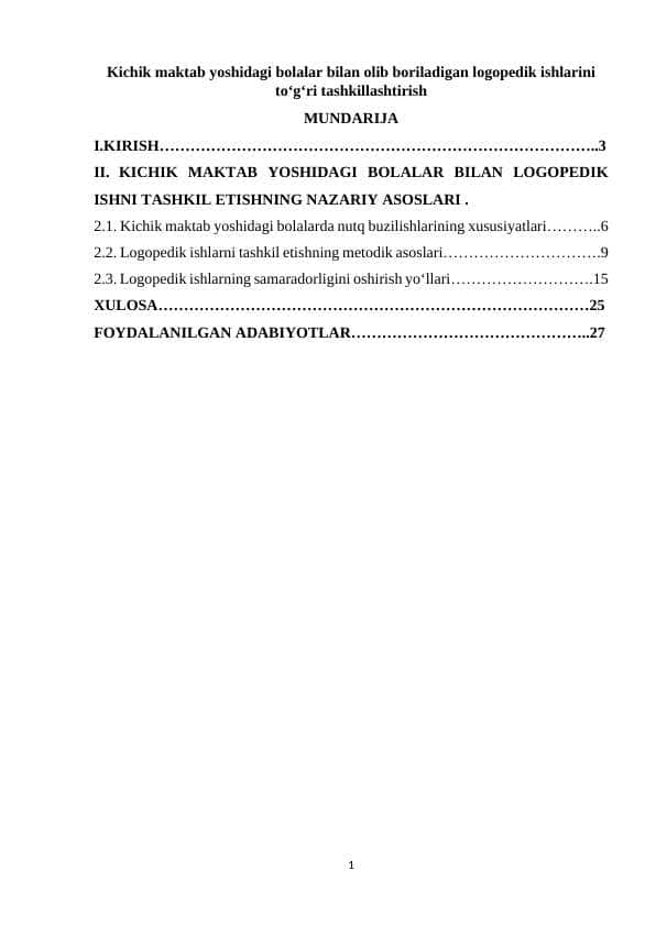 Kichik maktab yoshidagi bolalar bilan olib boriladigan logopedik ishlarini to‘g‘ri tashkillashtirish