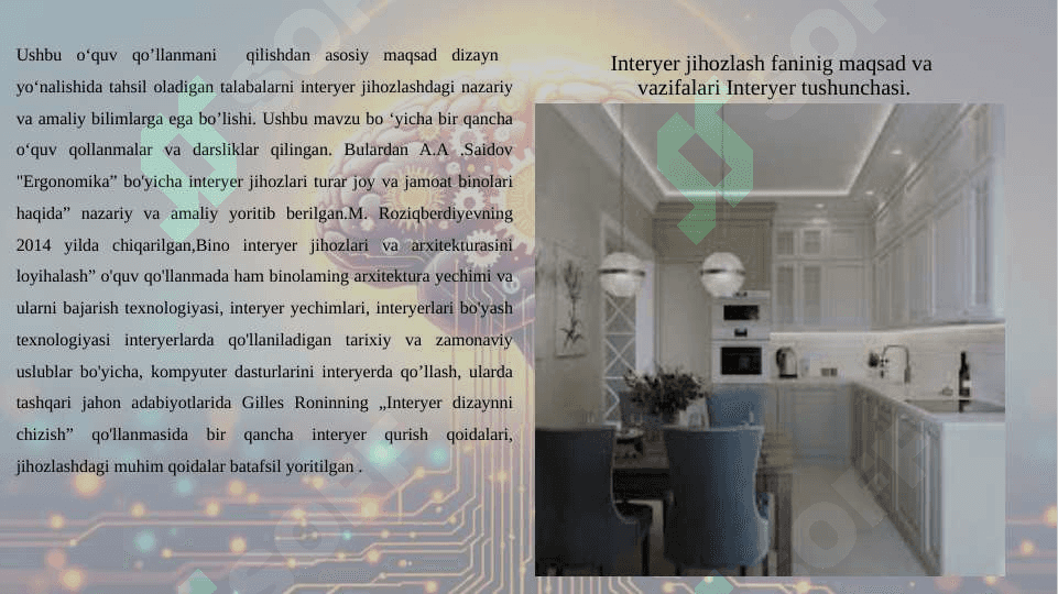 Xonalarni interyeri va jihozlari. 2