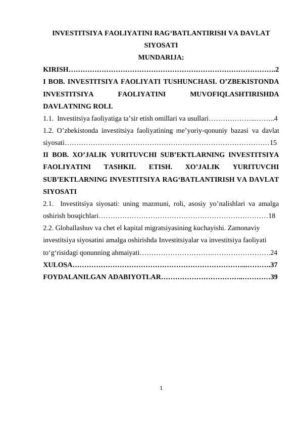 INVESTITSIYA FAOLIYATINI RAGʻBATLANTIRISH VA DAVLAT SIYOSATI
