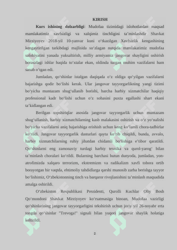 MAMLAKATIMIZ MUDOFAA QUDRATINING MUSTAHKAMLANISHI 2