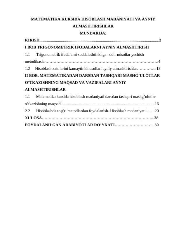 MATEMATIKA KURSIDA HISOBLASH MADANIYATI VA AYNIY ALMASHTIRISHLAR