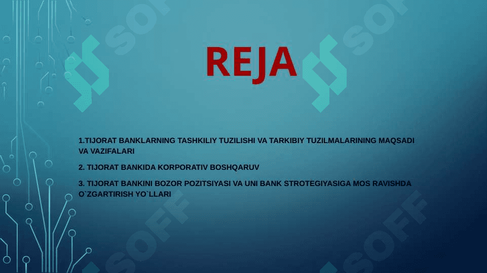 Tijorat Banklarning tashkiliy tuzilishi va tarkibiy tuzilmalarining maqsadi va vazifalari . Tijorat bankida korporativ boshqaruv . tijorat bankini bozor pozitsiyasi va uni bank strotegiyasiga mos ravishda o`zgartirish yo'llari 3