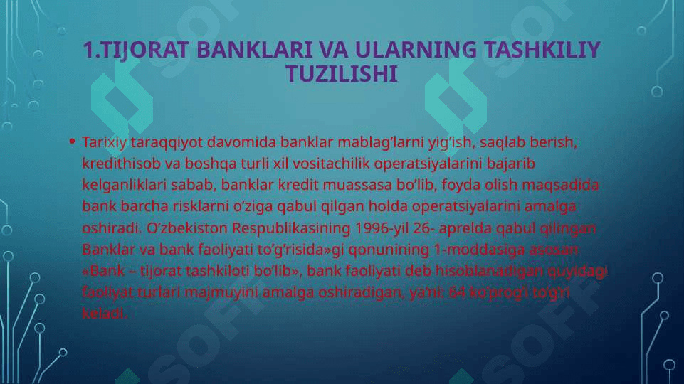 Tijorat Banklarning tashkiliy tuzilishi va tarkibiy tuzilmalarining maqsadi va vazifalari . Tijorat bankida korporativ boshqaruv . tijorat bankini bozor pozitsiyasi va uni bank strotegiyasiga mos ravishda o`zgartirish yo'llari 4