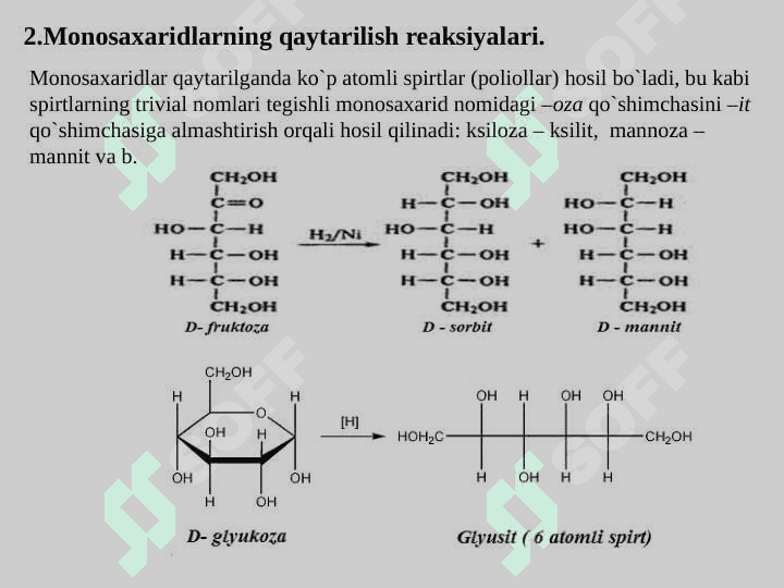 Aminokislotalar. Tuzilishi, xossalari va biologik vazifalari. Peptidlar va oqsillar. Tuzilishi,  xossalari va biologik vazifalari. Karbonsuvlar. Monosaxaridlar, ularning tibbiyotdagi ahamiyati 7