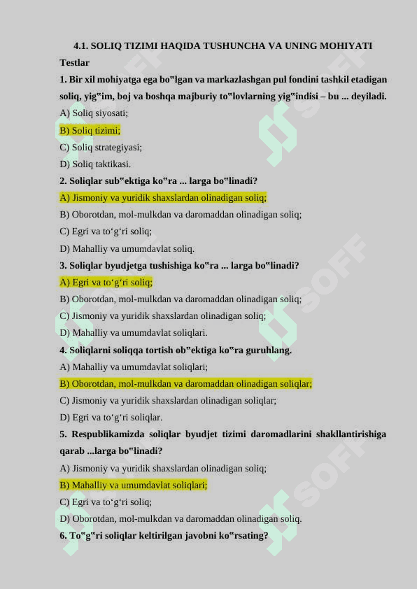 Soliqdan test savollari javoblari bilan 7