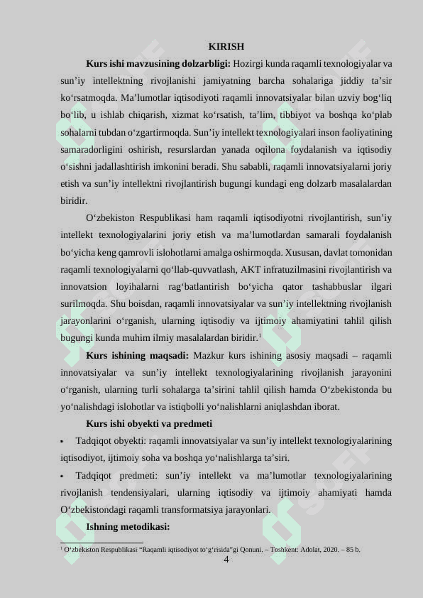 MAVZU: RAQAMLI INAVATSIYALAR: MA’LUMOTLAR VA SUNIY INTELEKMNING RIVOJLANISHI 4