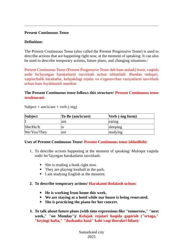 Present Continuous tense   Adjectives and Opposites