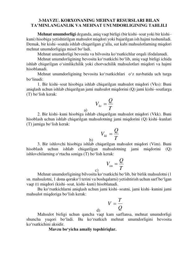MAVZU. KORXONANING MEHNAT RESURSLARI BILAN TA’MINLANGANLIK VA MEHNAT UNUMDORLIGINING TAHLILI