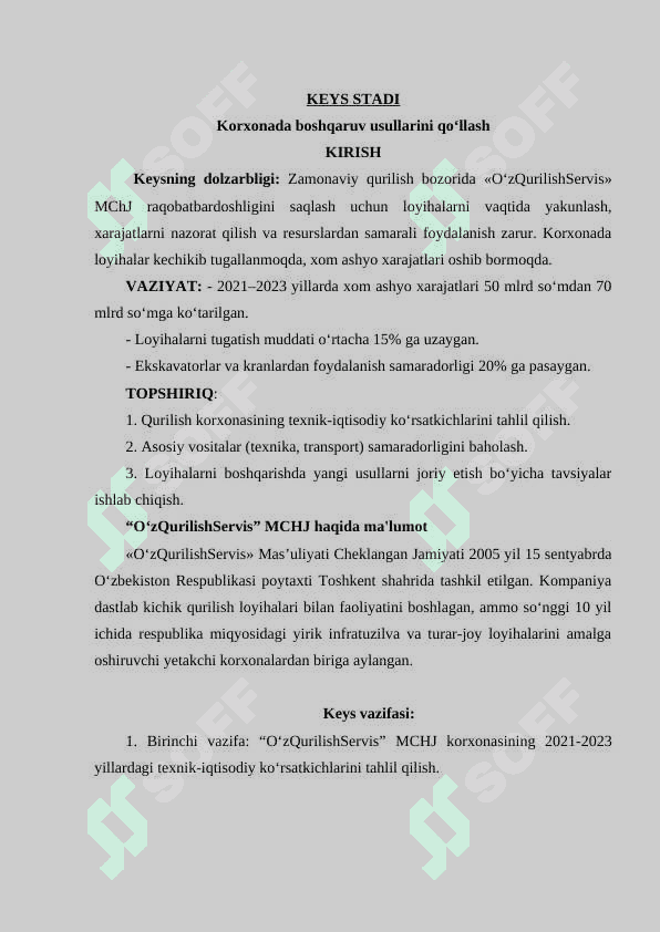 Keys stadi mavzu:Korxonada boshqaruv usullarini qo'llash 3
