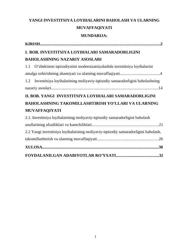 YANGI INVESTITSIYA LOYIHALARINI BAHOLASH VA ULARNING MUVAFFAQIYATI