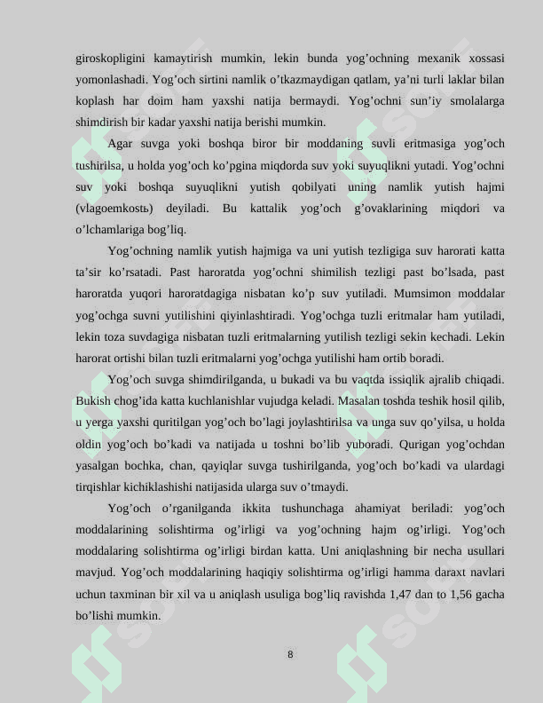 Yo'gochdan tayyorlanadigan buyumlar va mahsulotlarga xomashyo tanlash va tayyorlashda yog'och materiallarning xossalari va ishlatilishini o’rganish 8