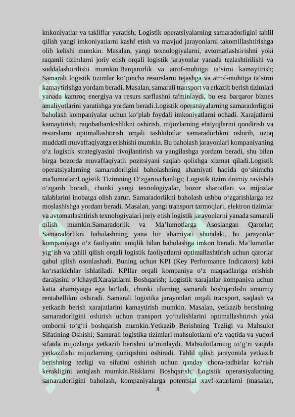 Logistik operatsiyalarning samaradorligini baholash usullari 8