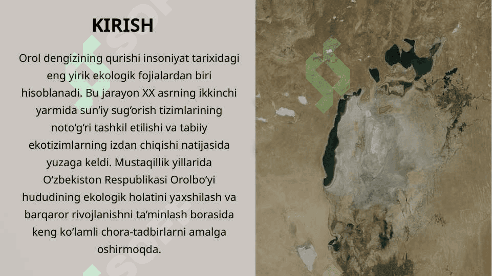 Orol fojiasi uning vujudga kelishiga ta'sir ko'rsatgan omillar va ularning salbiy oqibatlari. Mustaqillik yillarida Oʻzbekiston ekologik holatni yaxshilash borasidagi davlat siyosati. 2