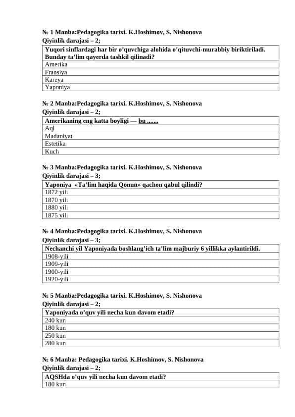 Hozirgi davrda jahon mamlakatlari ta’lim tizimi va pedagogika fani rivoji mavzusida test