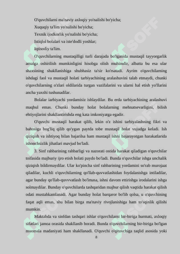 SINFDAN VA MAKTABDAN TASHQARI ISHLARNING O’QUVCHILAR FAOLIYATIDAGI O’RNI 8